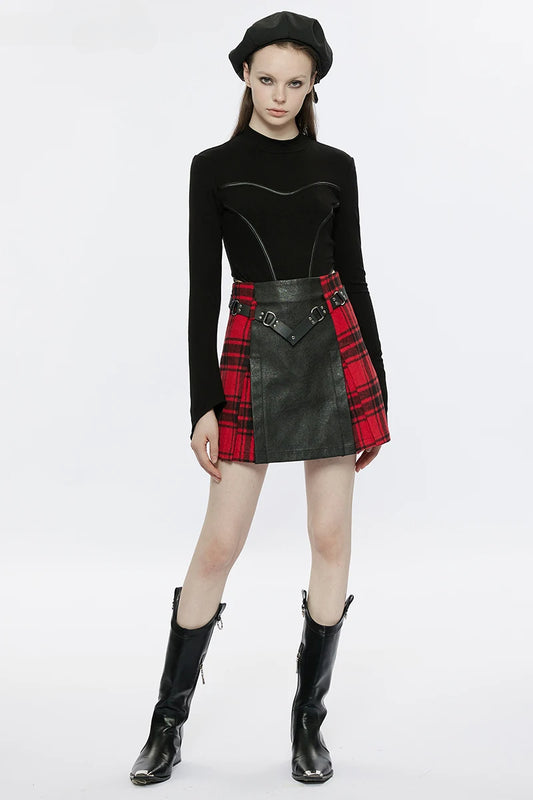 Women's Black+Red Plaid Splicing Rivet Metal Buckle Belt Daily A-Line Personality Mini Skirt