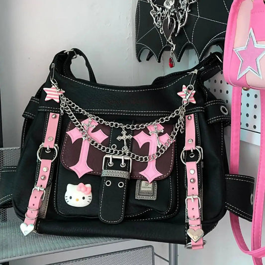 Hello Kitty Gothic Punk Vintage Pink High Capacity Trend Crossbody Bag