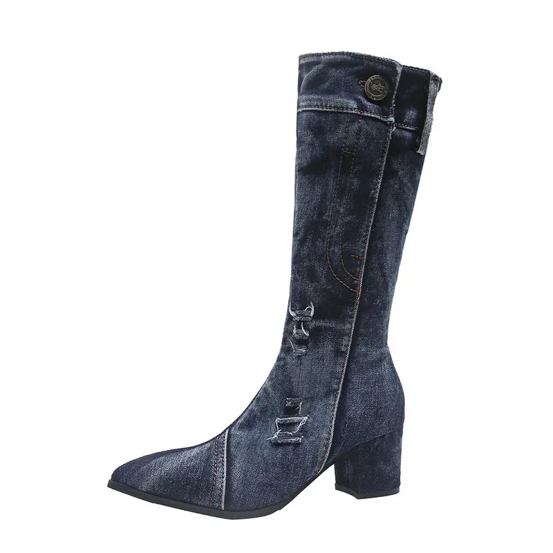 2024 Chunky Denim Block Heels Winter Fashion Cowboy Western Knee High Boots