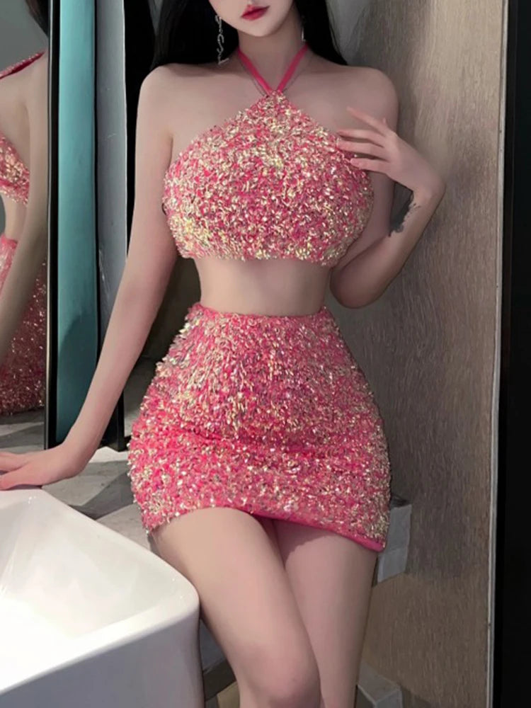 Korean Halter Pink Sequins Backless High Waisted Y2k Mini Skirt