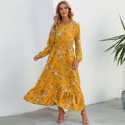 Sping Bohemian Women Maxi Casual Long Sleeve High Waist Chiffon Midi Dresses