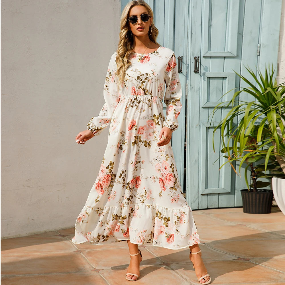 Sping Bohemian Women Maxi Casual Long Sleeve High Waist Chiffon Midi Dresses