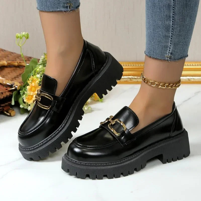 Metal Chain Buckle Platform Mary Janes Round Toe Black Loafers