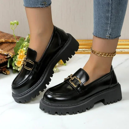 Metal Chain Buckle Platform Mary Janes Round Toe Black Loafers