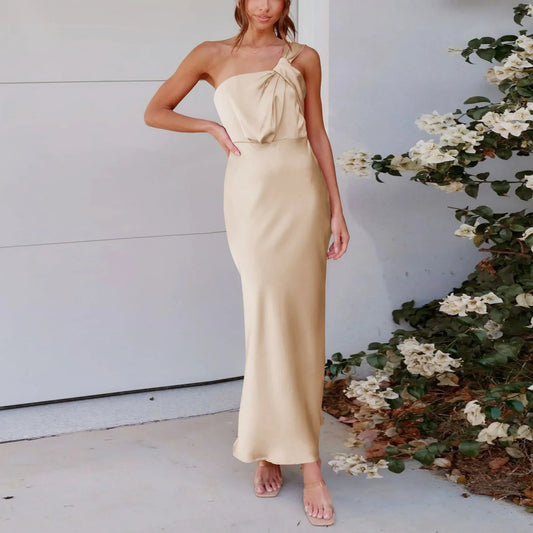 Elegant One-Shoulder Satin French Slim Sexy Ladies Midi Dresses