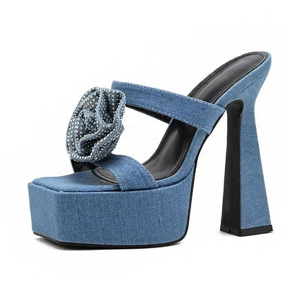 Fashionable 2024 Denim Blue Rhinestone Rose Flower  Peep Toe Gladiator High Heel