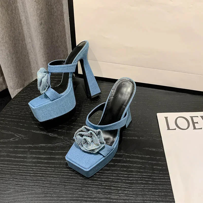 Fashionable 2024 Denim Blue Rhinestone Rose Flower  Peep Toe Gladiator High Heel