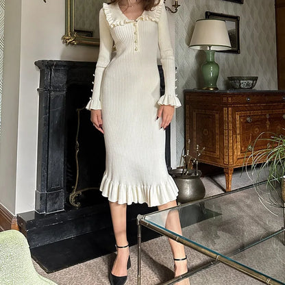 Ruffled Long-sleeved Vintage High-waisted French Creamy White Midi Dresses