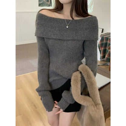 Sexy White Flat-neck Feminine Collarbone Off-shoulder Slimming Sweater