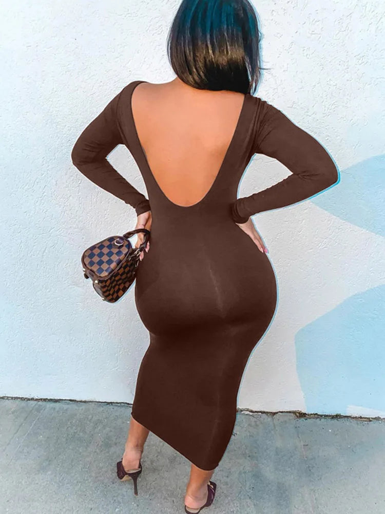 Spring Sexy Backless  Elegant Evening Club Birthday Brown Long Midi Dresses