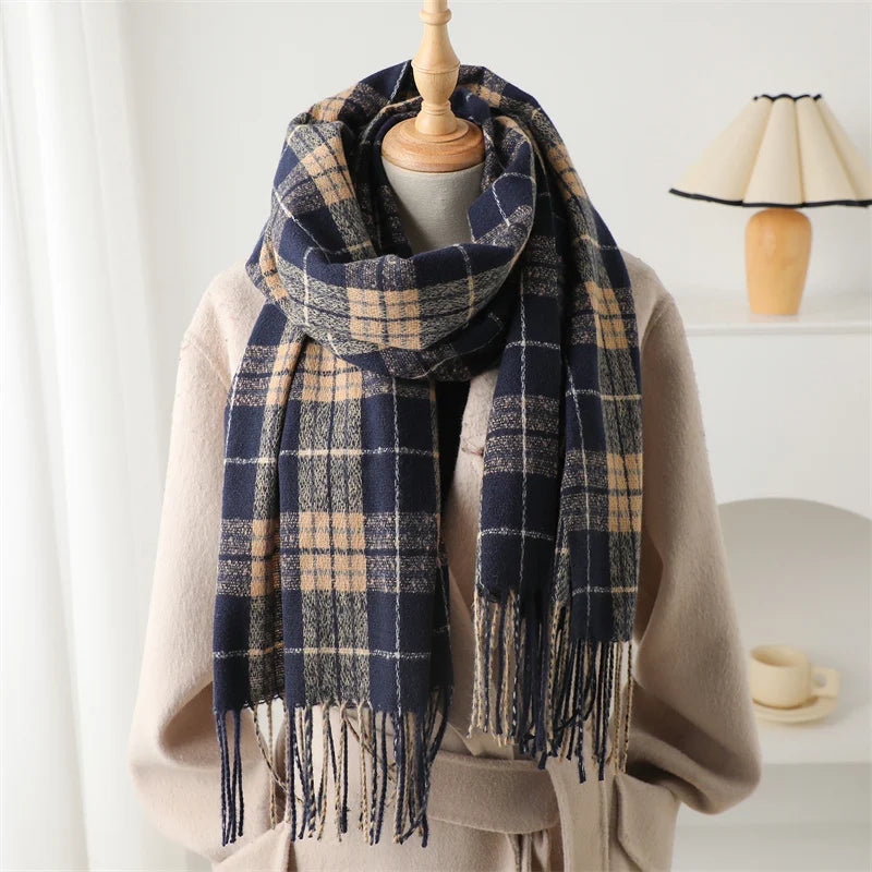 Winter Warm Cashmere-Like Plaid Blanket Wrap Scarf for Women