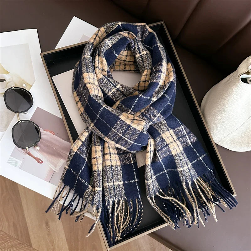 Winter Warm Cashmere-Like Plaid Blanket Wrap Scarf for Women