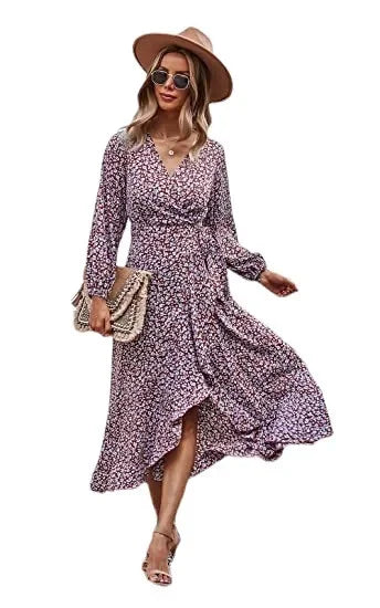 Floral Print Elegant Casual V-Neck Sun Midi Dresses