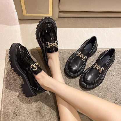 Black Leather Platform Slip On Spring Boat Metal Chain Designer Oxfords Loafers