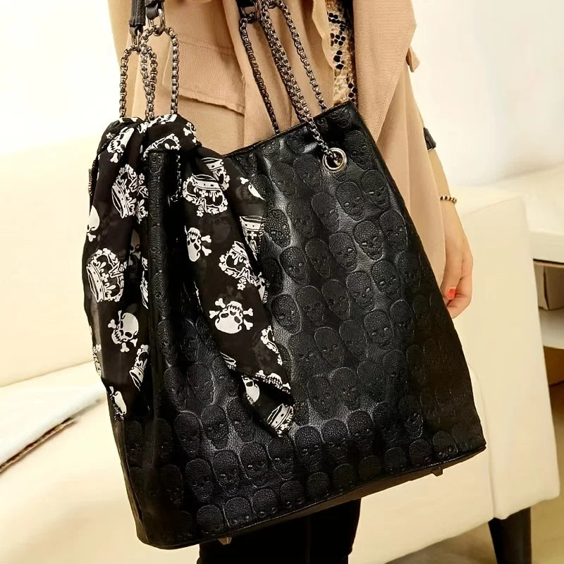 Gothic Skull Print Punk Scarf Decor Trendy Crossbody Tote Shoulder Bag