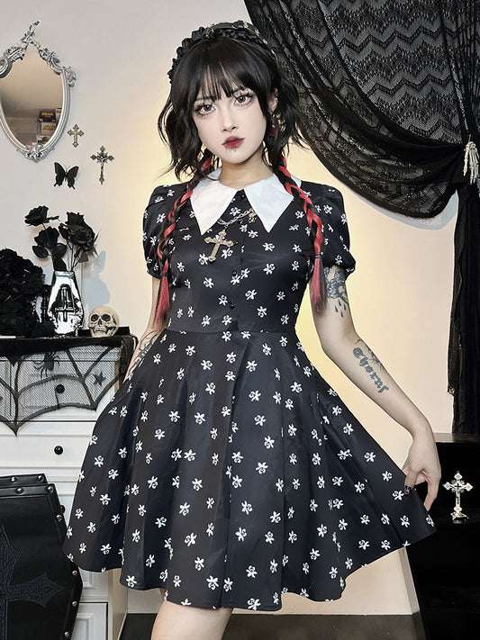 Gothic Turn Down Collar A-Line Punk Print Short Sleeve Swing Cloak Bodycon Dress