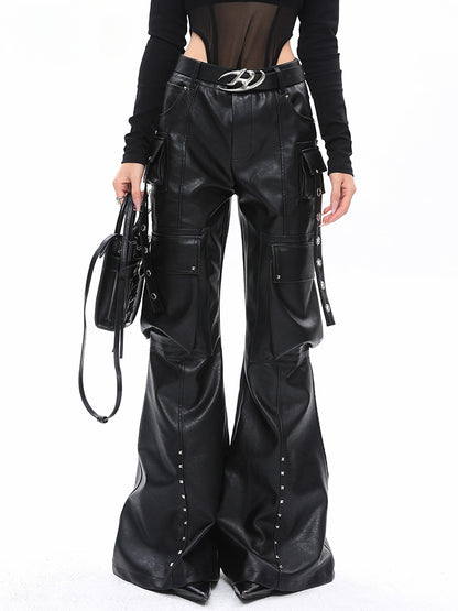 Lautaro Soft Black Baggy PU Leather Cargo Pants for Women