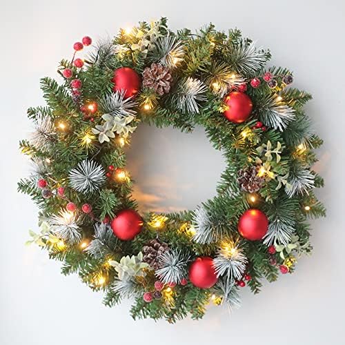 Pre-Lit Christmas Wreath with Pine Cones, Berries, and Ornaments - Indoor/Outdoor Decor (20 in)