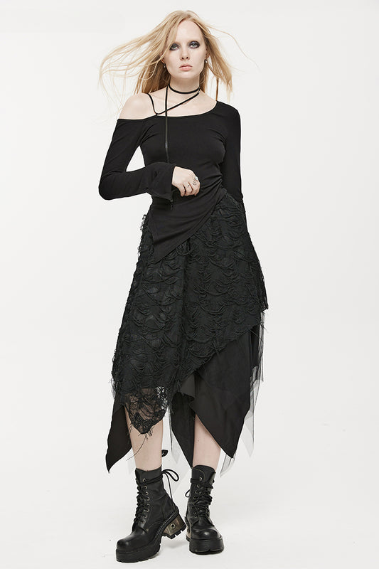 Women's Style Dry Butterfly Asymmetrical Half Fashion Mesh Burnt and Tattered Black Skirt