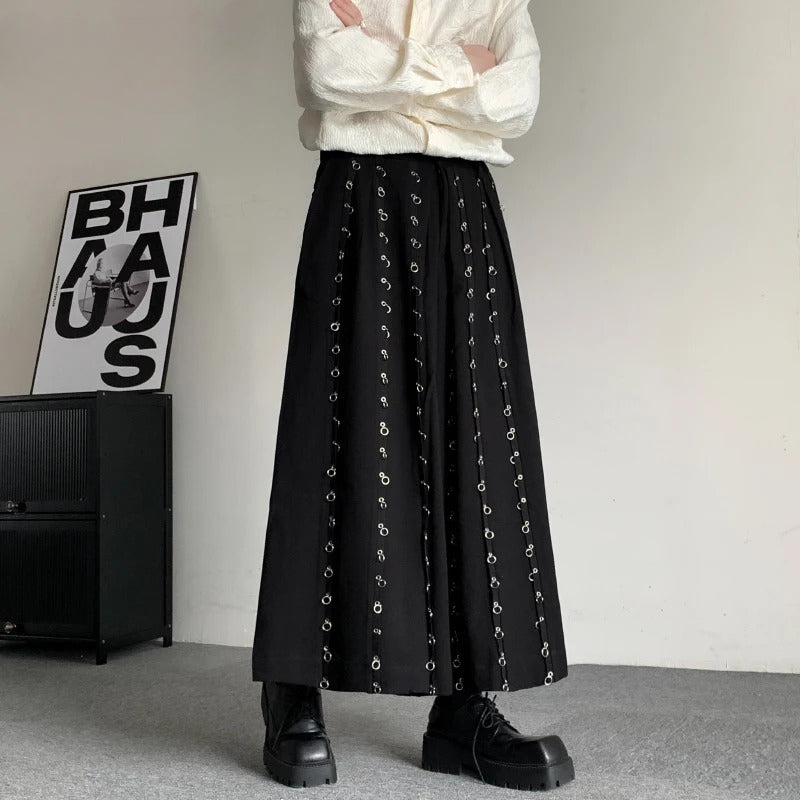 Casual Pants Men Metal Button Patchwork Wide Leg Pants