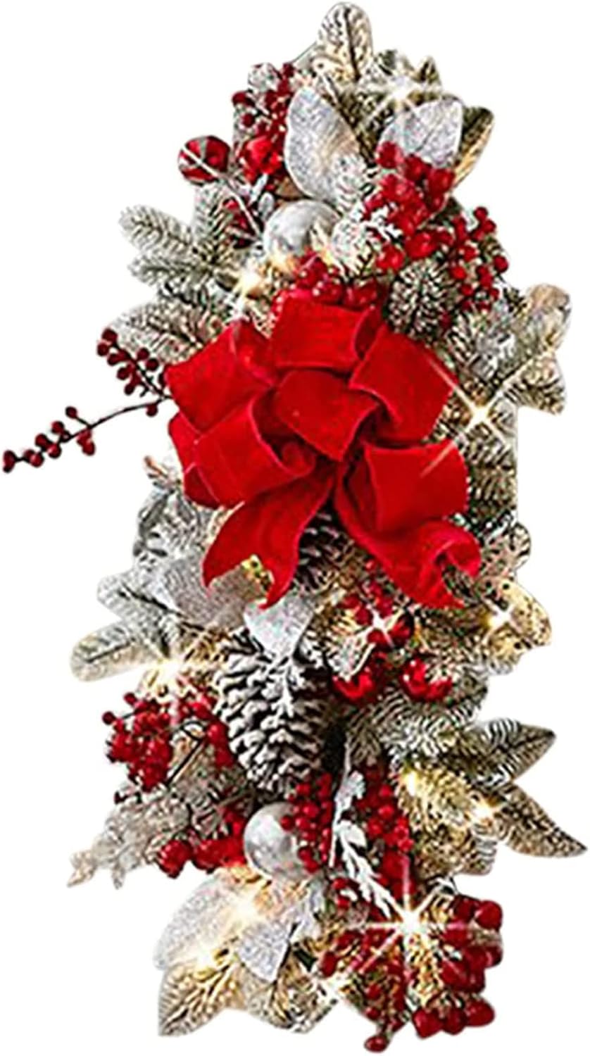 Cordless Prelit Christmas Swag Wreath Set - Red for Front Door and Stairway