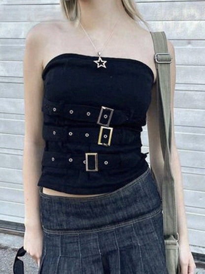 Y2K Bandage Buckle Corset Black Punk Grunge Gothic Retro Streetwear Crop Top