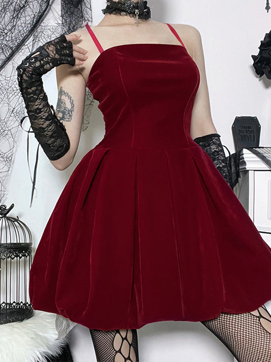 Velvet Solid Shirring High Waist Spaghetti Straps A-Line Party Mini Elegant New Year Dress