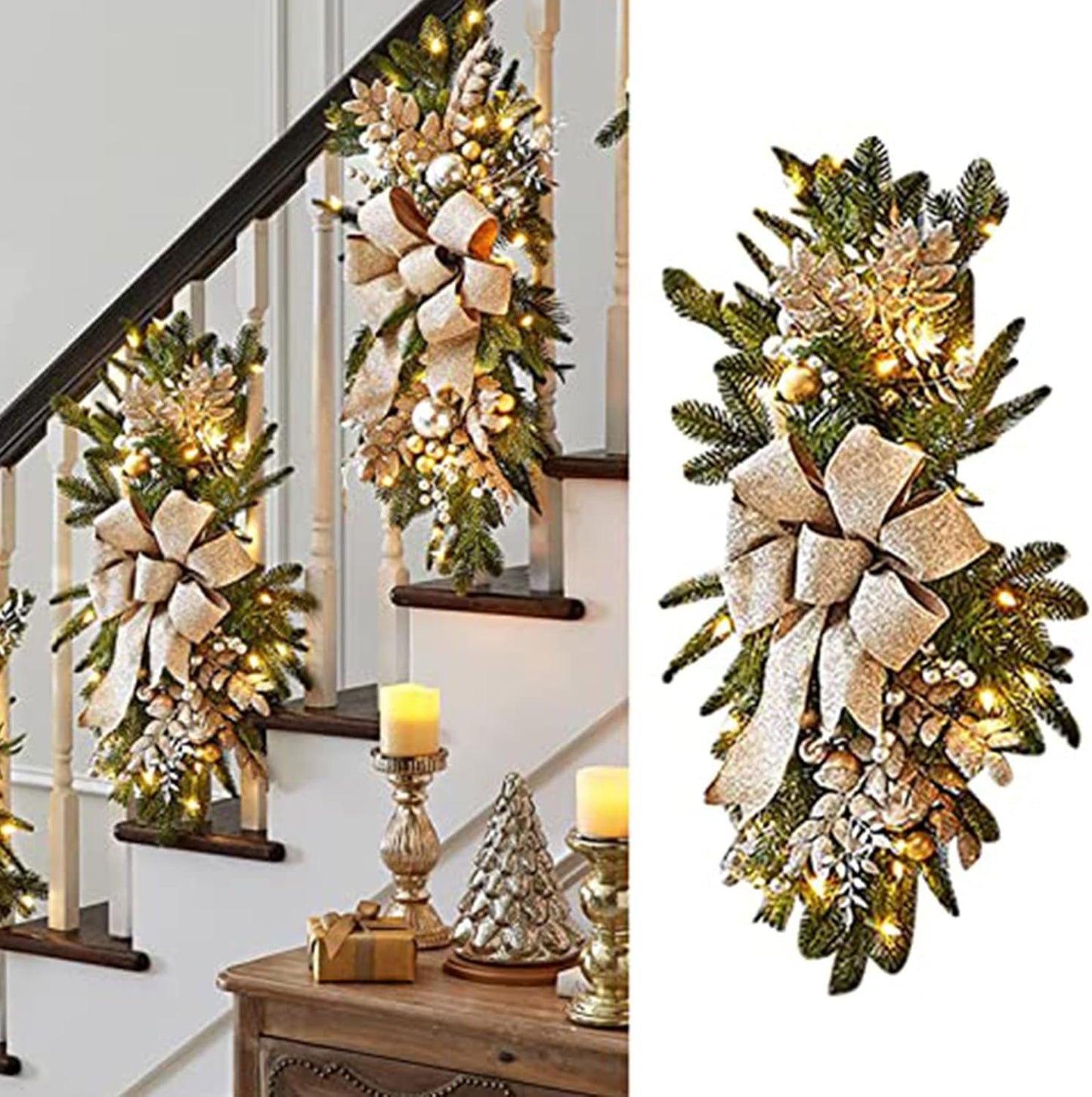 Cordless Prelit Christmas Swag Wreath Set - Red for Front Door and Stairway