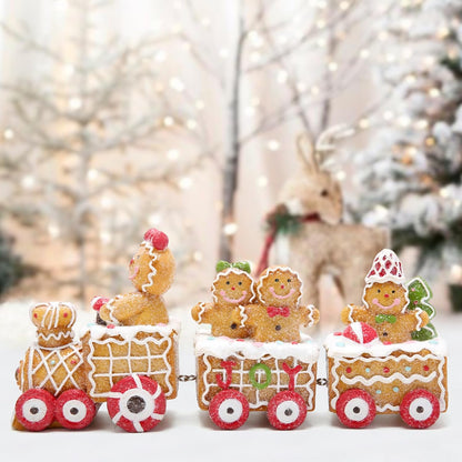 Gingerbread Man Train Figurines - Festive Indoor Decor for Table Centerpiece and Fireplace