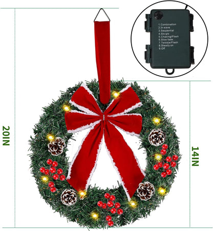 Set of 3 Lighted Artificial Christmas Wreaths with LED Lights and Red Bow Ornaments