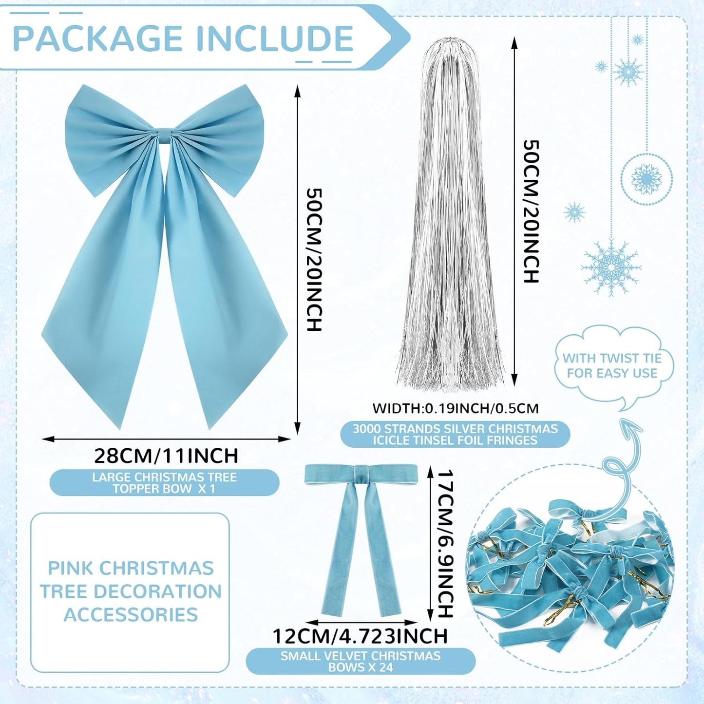 Blue Christmas Tree Decorations Set - Velvet Bows, Tree Topper Bow, Tinsel Icicles