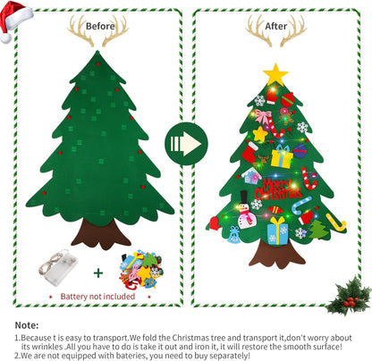 Felt Christmas Tree Set with LED String Light - Wall Hanging DIY Xmas Tree with Detachable Ornaments for Home Decoration and Gifts