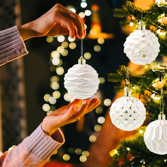 Vintage Farmhouse Christmas Tree Ornaments - White and Gold Distressed Hanging Balls