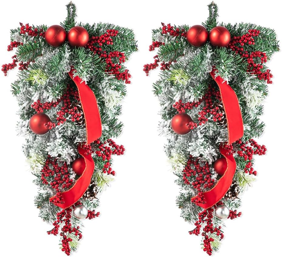 Christmas Bell Teardrop Swag with Faux Berries and Pinecone Ornament - 26" Pine Branches Door Swag Garlands for Xmas Wall Outdoor Indoor Decor