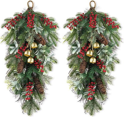 Christmas Bell Teardrop Swag with Faux Berries and Pinecone Ornament - 26" Pine Branches Door Swag Garlands for Xmas Wall Outdoor Indoor Decor