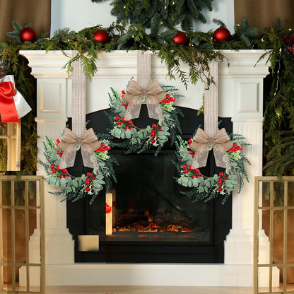 Christmas Wreath Decorations with Burlap Ribbon - Mini Farmhouse Wreaths for Kitchen Cabinet, Pillars, Front Door, Window, Chair, and Wall