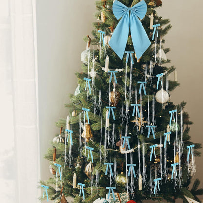 Blue Christmas Tree Decorations Set - Velvet Bows, Tree Topper Bow, Tinsel Icicles