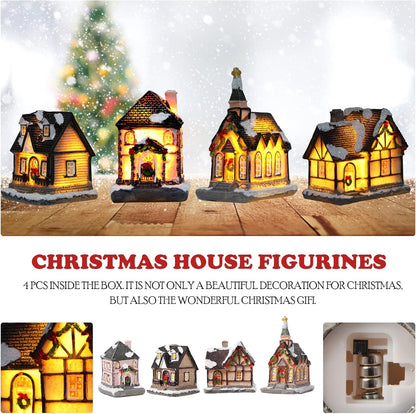 Xmas Lantern Decorative Resin House Figurine Set with LED Light for Kids - Set of 4