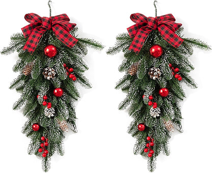 Christmas Teardrop Swags with Bowknot, Red Berries, Pinecone