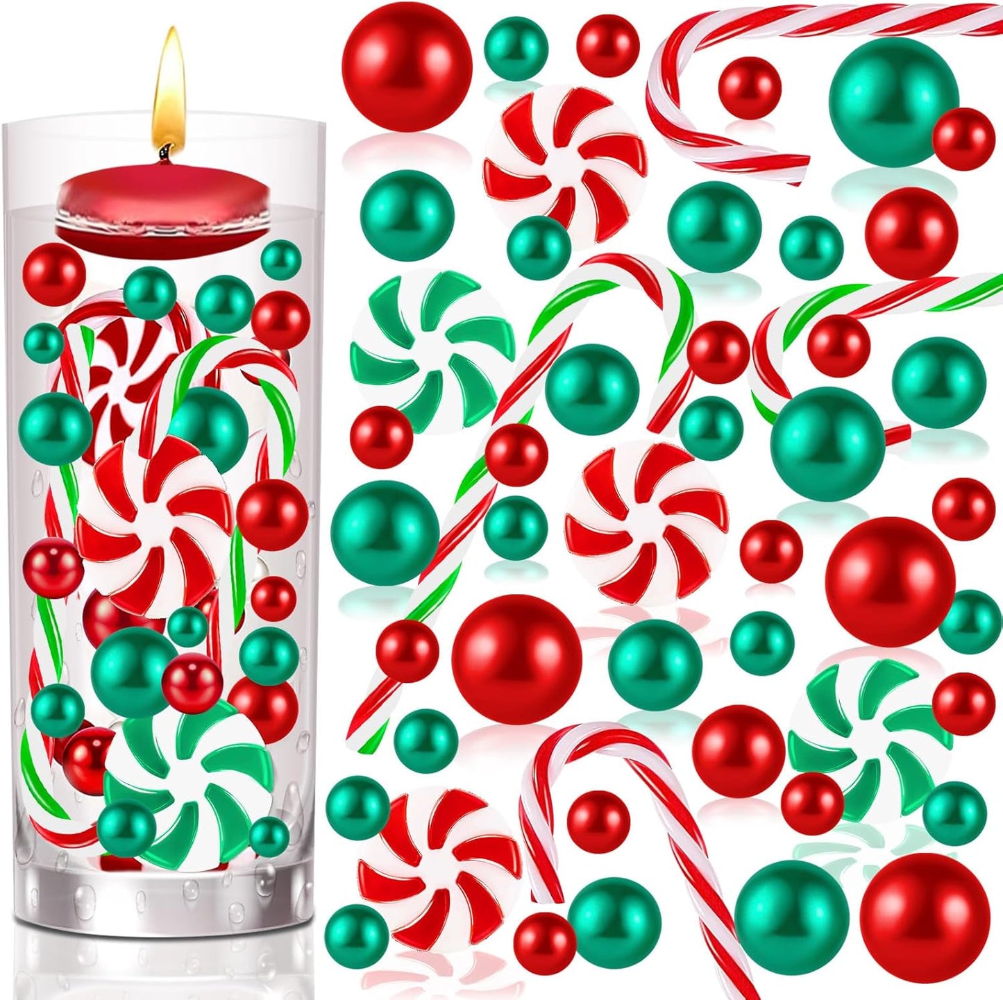 Christmas Vase Filler - Green and Red Candy Cane Beads and Floating Pearls for Home Decor and Table Centerpieces