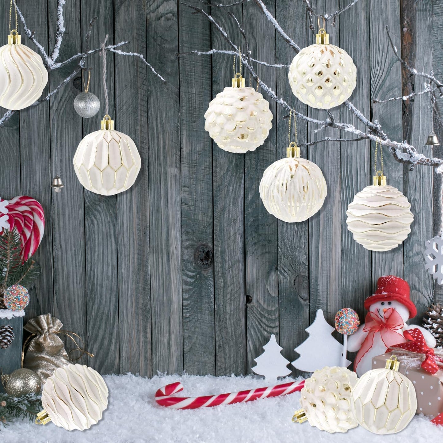 Vintage Farmhouse Christmas Tree Ornaments - White and Gold Distressed Hanging Balls