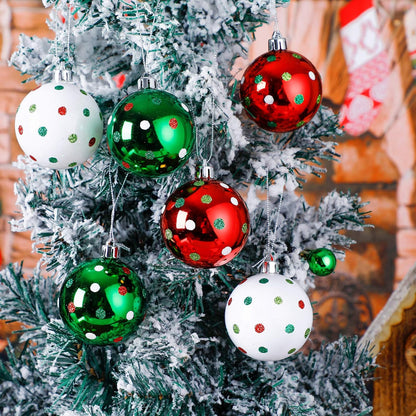 Glittering Hanging Xmas Balls - Red Green Plastic Christmas Baubles for Tree Decoration