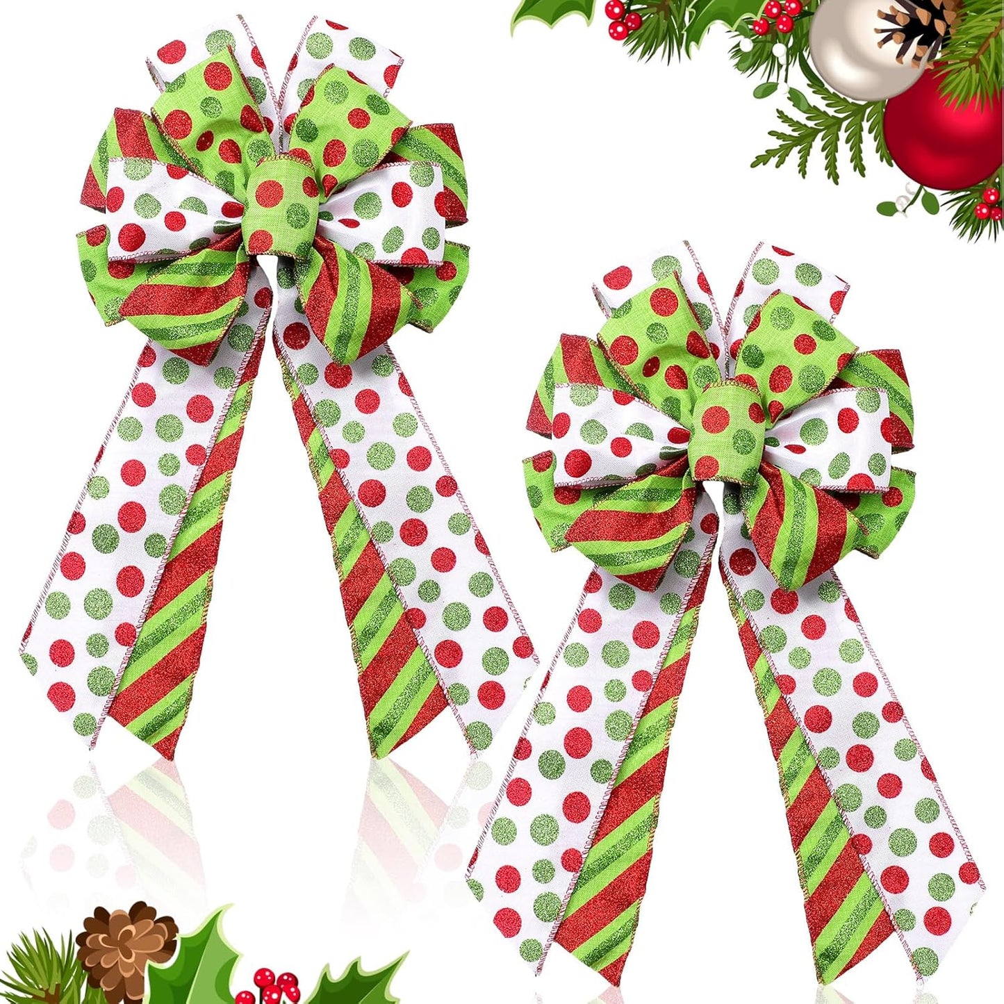 Red Green Christmas Wreath Bows - Xmas Tree Topper Bow (Set of 2)