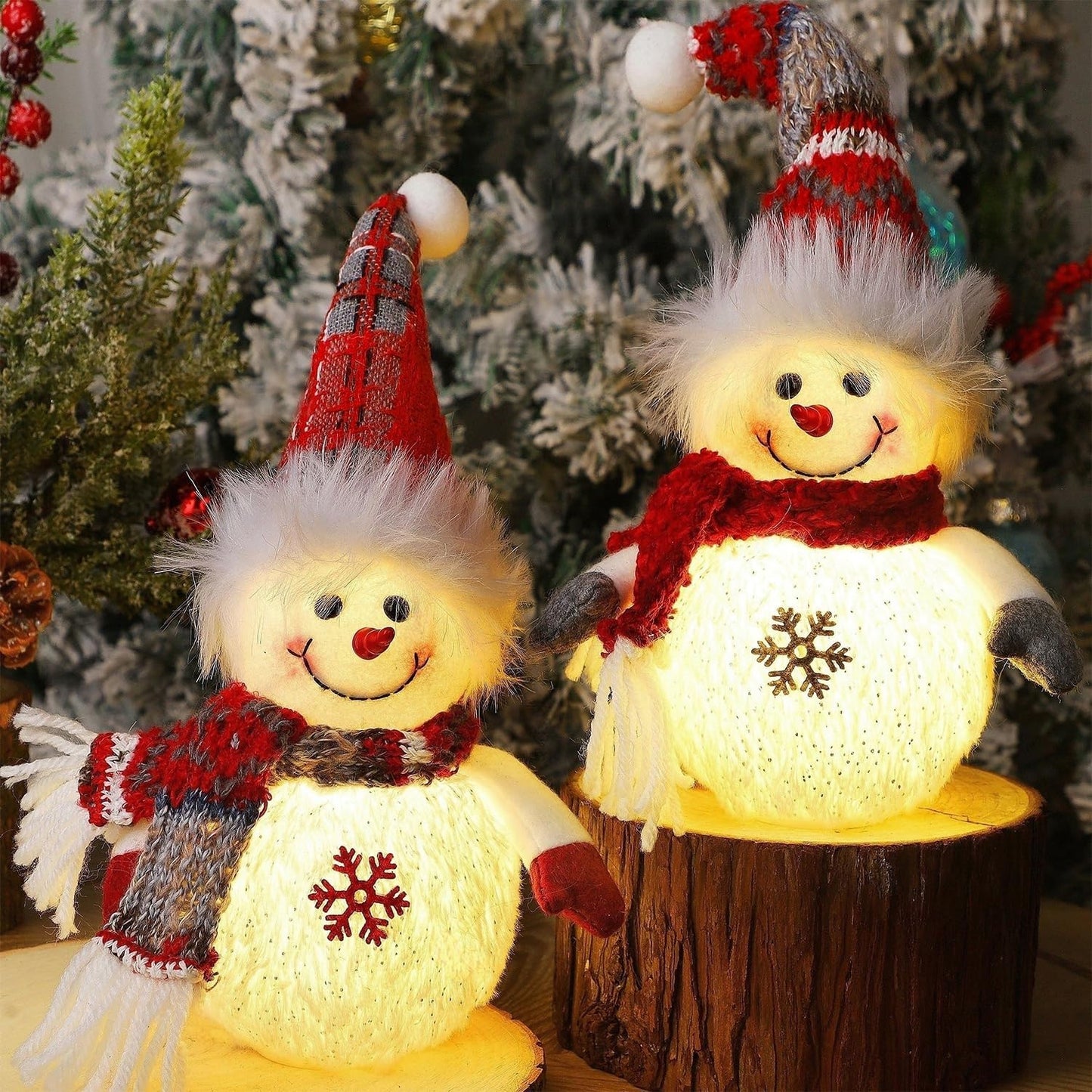 Lighted Plush Snowmen Figurines - Set of 2 - Christmas Table Decorations