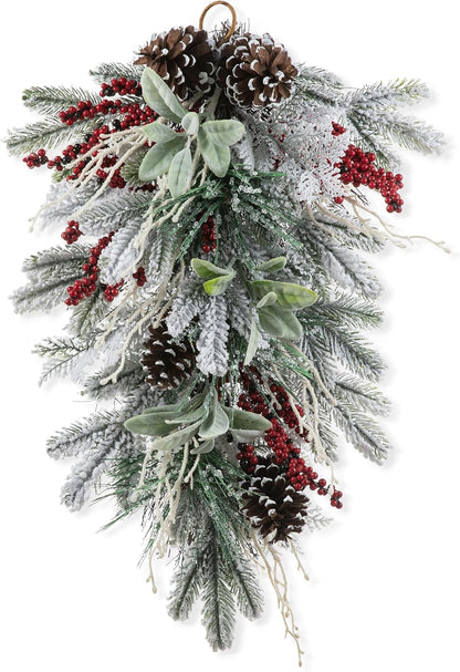 Christmas Bell Teardrop Swag with Faux Berries and Pinecone Ornament - 26" Pine Branches Door Swag Garlands for Xmas Wall Outdoor Indoor Decor