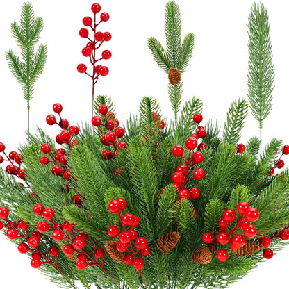 Artificial Pine Branches and Red Holly Berries - Set of 70