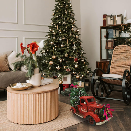 Red Metal Truck Model with Christmas Tree Ornaments, Bell, and String Light - Table Top Xmas Decor and Fireplace Collectible Vehicle