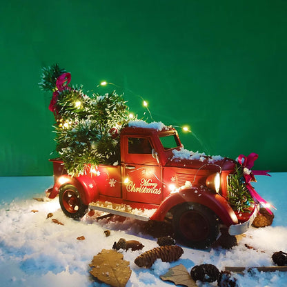 Red Metal Truck Model with Christmas Tree Ornaments, Bell, and String Light - Table Top Xmas Decor and Fireplace Collectible Vehicle