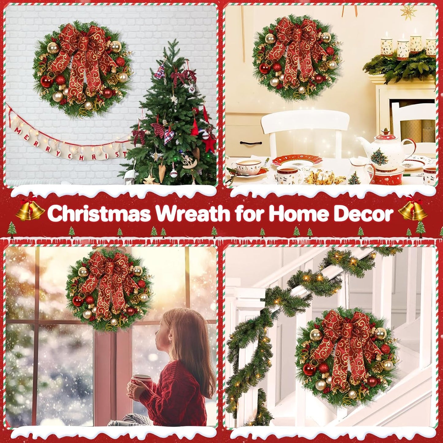 Christmas Wreath with Red Bow and Christmas Ball Decorations - Front Door and Home Wall Windows