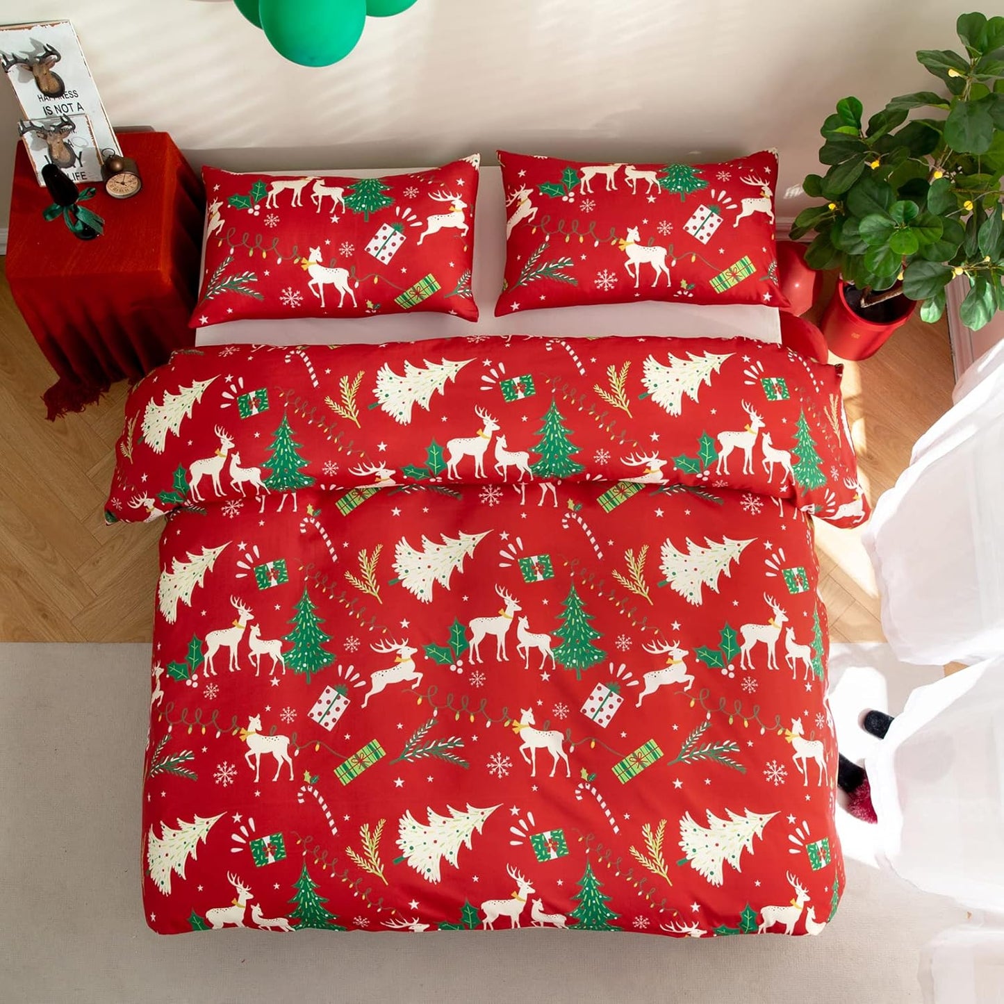 Xmas Tree Reindeer Queen Duvet Cover Set - Festive Bedroom Decor - Lightweight Comforter Cover - 3 Pieces